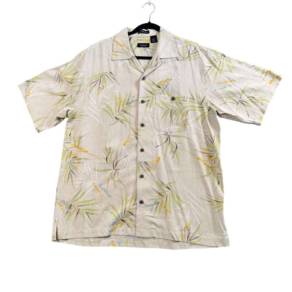 Van Heusen Silk Tropical Camp Shirt L Beige Leaf Resort Coastal Grandfather